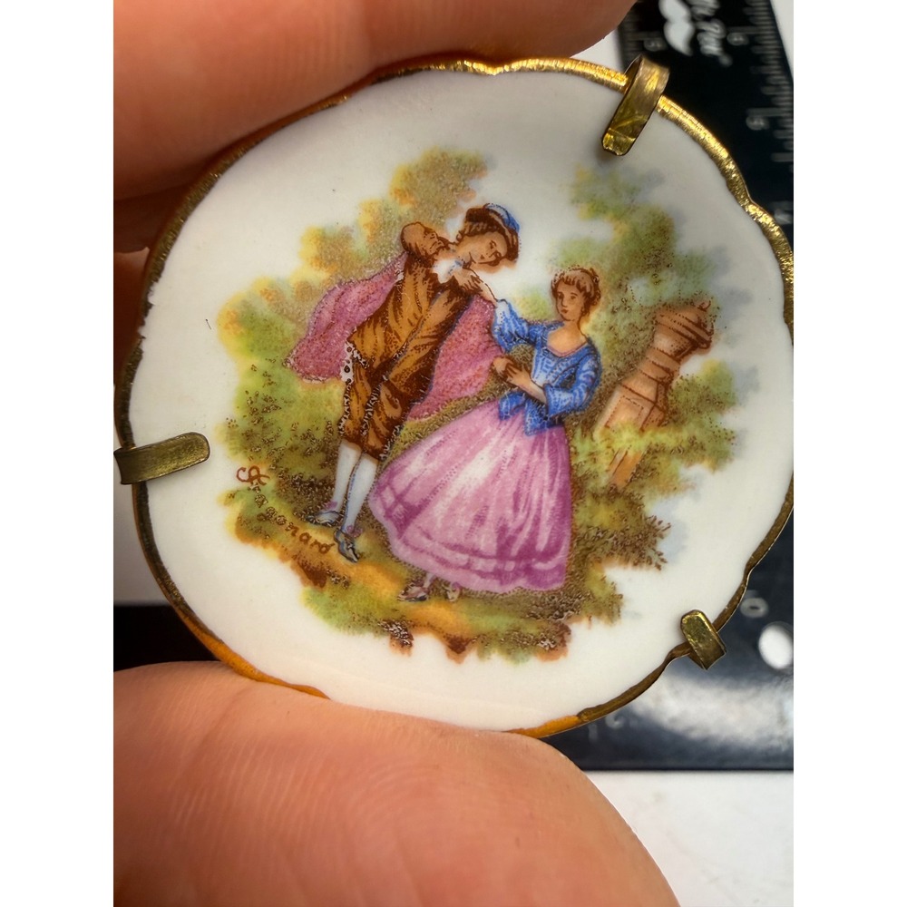 Limoges France Porcelain Brooch Fragonard Courting Couple Miniature Plate Pin